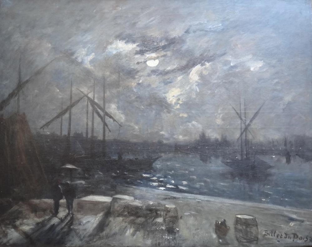 Péniches, Alfred Bellet du Poisat (1823 – 1883), peinture à l’huile sur toile, nettoyage avant l’exposition temporaire sur le peintre, du 28 mars au 24 août 2014, travail en nom propre.
